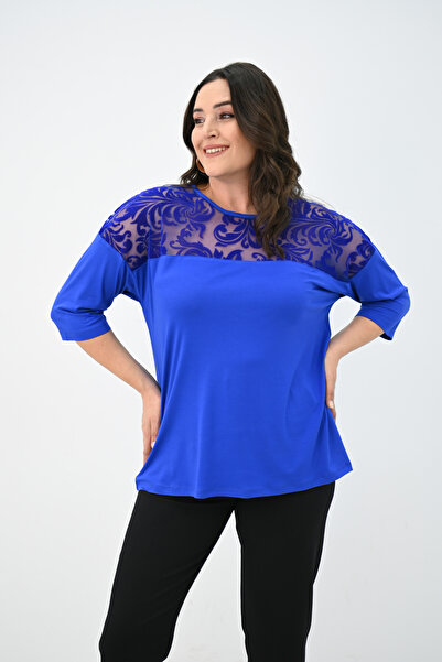 Koza Butik Women's Plus Size Velvet Tulle Detail Blouse 1856-2