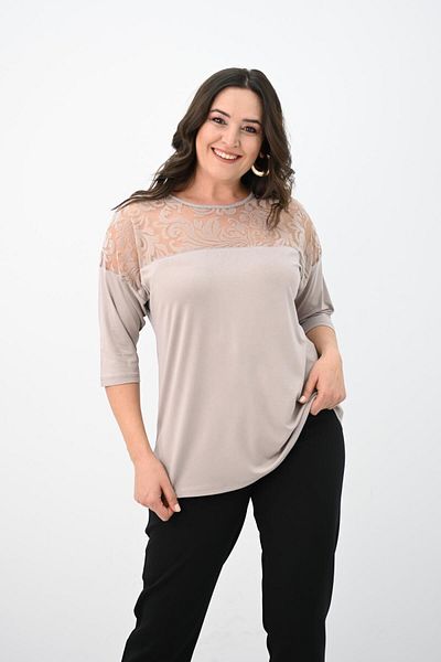 Koza Butik Women's Plus Size Velvet Tulle Detail Blouse 1856-2