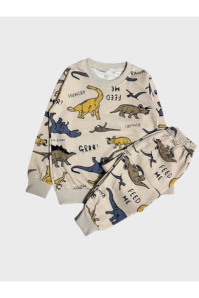 Fil Kids Chlapecká sada zimního pyžama s dlouhým rukávem z bavlněného hnědého dinosaura