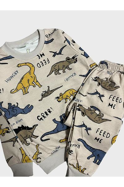 Fil Kids Chlapecká sada zimního pyžama s dlouhým rukávem z bavlněného hnědého dinosaura