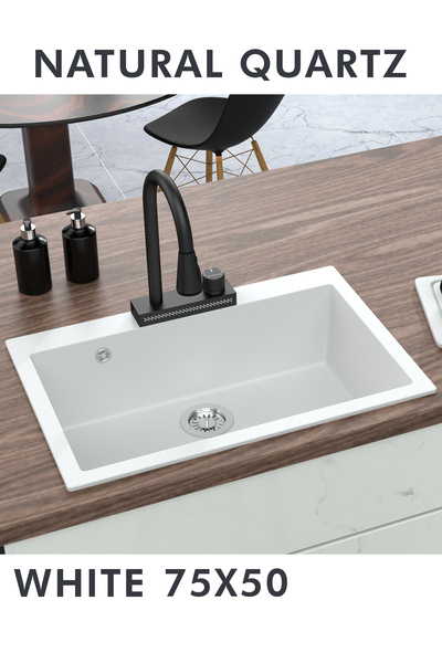 HENASURFACE Granit Eviye Tek Gözlü Beyaz 75x50 Granit Eviye Kuvars