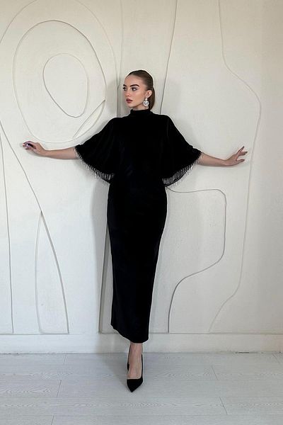 Elbee Fashion Woman Rochie din catifea cu guler șal negru