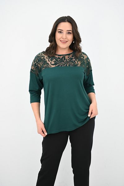 Koza Butik Women's Plus Size Velvet Tulle Detail Blouse 1856-2