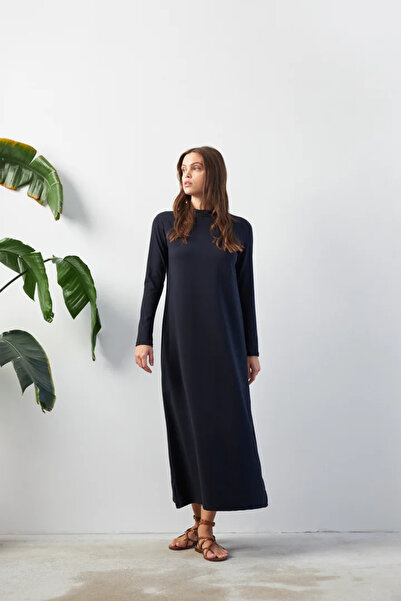 YOUR NAME Dik Yaka Basic Uzun Kol Lacivert Kadın Elbise