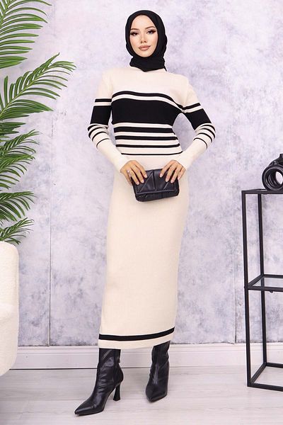 benguen 6146 Rochie tricotată cu gât roșu Culoare piatră