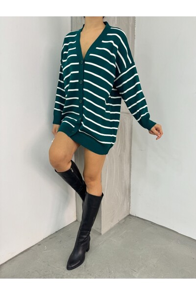 Modamorfo Πλεκτή ζακέτα με ριγέ κουμπιά με λαιμόκοψη σε σχήμα V -Σμαραγδί