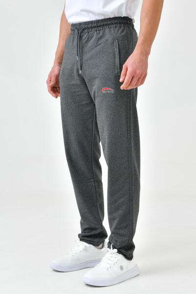 Cramp Spor Erkek Cep Nakışlı Fermuarlı Füme düz paça Eşofman Alt