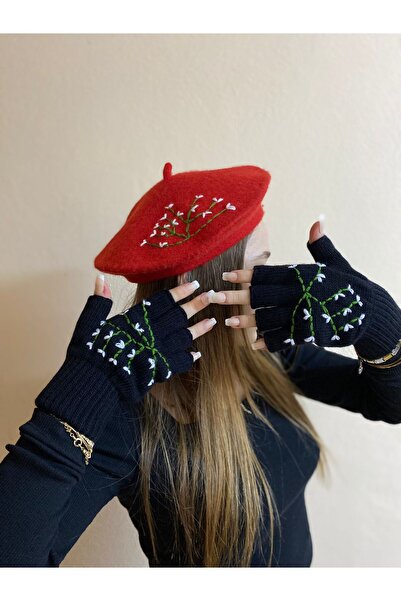 sema aksesuar Handmade Floral Embroidered Red French Painter Beret and Black Fingers Cut Out Gloves Set - Gift