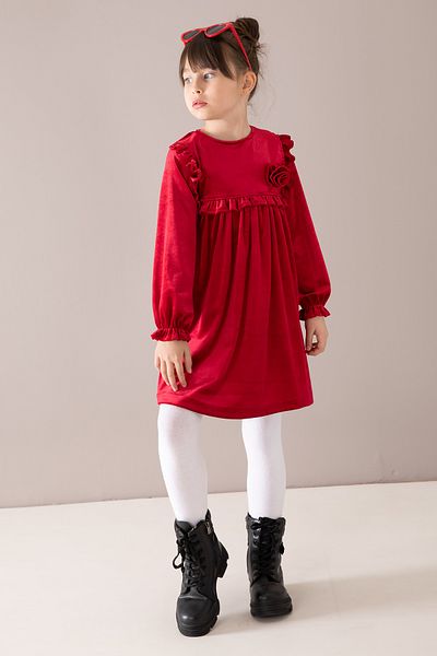 Cansın Mini Rochie de catifea pentru fetiță, cu mâneci lungi, cu volane roșii 19812