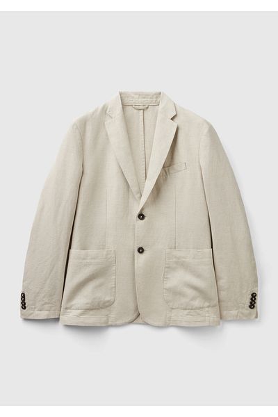 United Colors of Benetton Men's Beige Linen Blended Ribbed Pocket Detailed Double Button Blazer Jacket