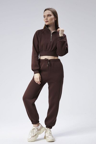 soBasic Stand Collar Zipper Detailed Elastic Leg Demi Tracksuit Set - Brown