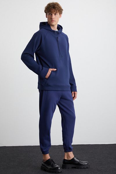 GRIMELANGE Arragon Men's Scuba Organic Cotton Interlock Fabric Pocket Sports Elastic Waist Navy Blue Sweatpants