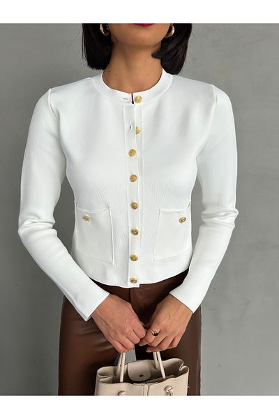 LOISY Women's Gold Buttoned Double Pocket Knitwear Cardigan