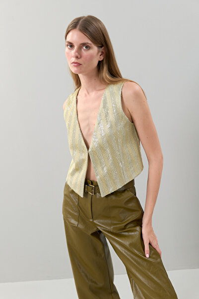 Roman Payetli Örme Kumaş Yelek Gold K2517020_076