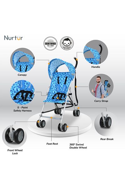 Nurtur Rex Convenience Infant Buggy Stroller, Lightweight Alloy Frame, Compact Fold, 6-36m, Blue