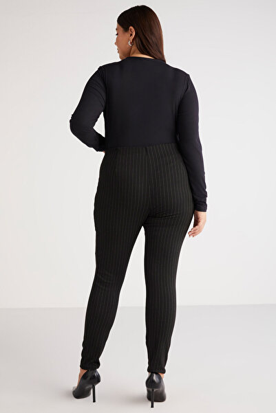ETHIQUET Abrıellebb Kadın Örme Çizgili Slim Fit Dar Paça Siyah - Beyaz Büyük Beden Pantolon