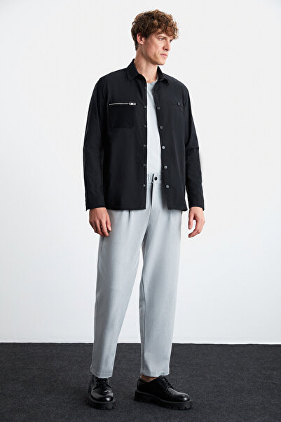 GRIMELANGE Angelo Erkek Gömlek Yaka Relaxed Fit Fermuar Detaylı Düğmeli Siyah Gömlek