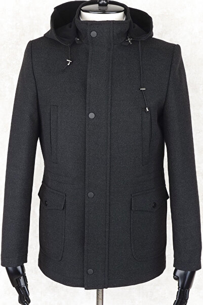 Jan Carlucci JANCARLUCCİ  Erkek Dizüstü Slimfit Çıkarılabilir  Kapüşonlu Torba Cep Fermuarlı Astarlı  Kaşe Kaban