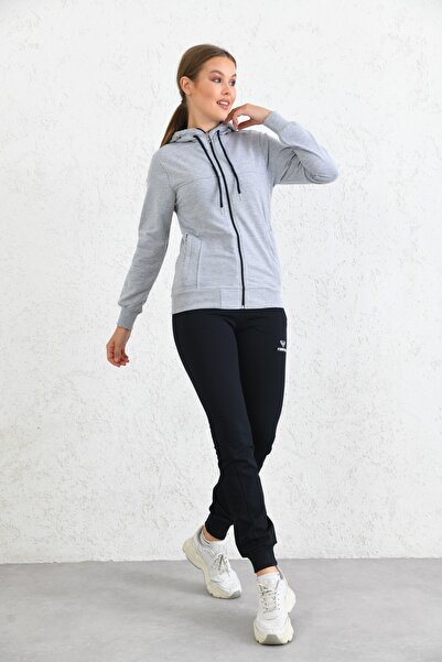 Genel Markalar Gri Kapüşonlu Fermuarlı Penye Kumaşı Eşofman Takımı