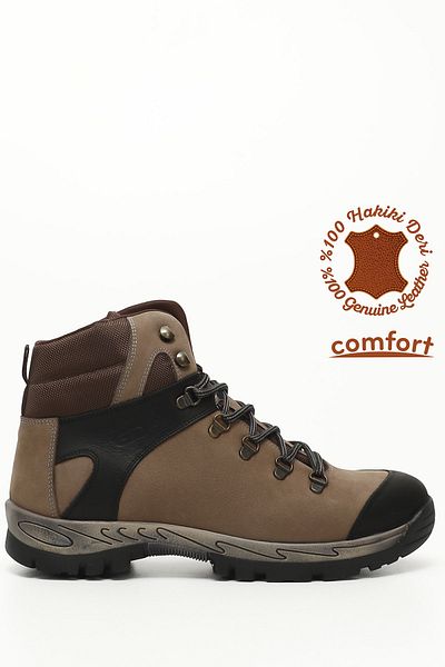 GÖNDERİ(R) Men's Sand Nubuck Lace-Up Rubber Sole Genuine Leather Outdoor Boots