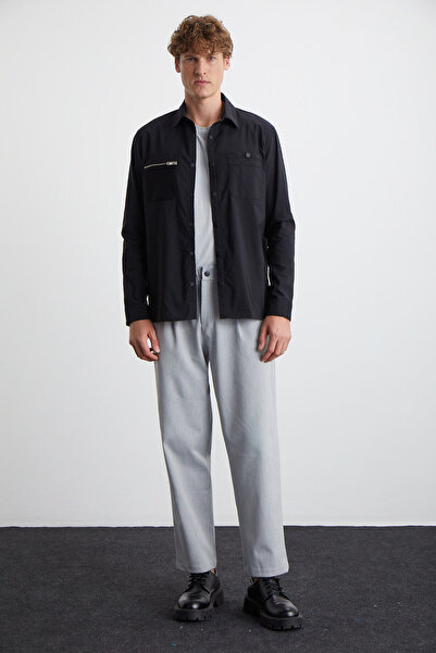 GRIMELANGE Angelo Erkek Gömlek Yaka Relaxed Fit Fermuar Detaylı Düğmeli Siyah Gömlek