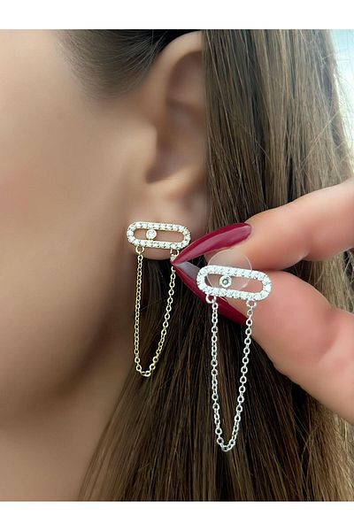 MyladyAccessoriess Oval Cut Zircon Stone and Chain Detailed Earrings (Steel) Silver