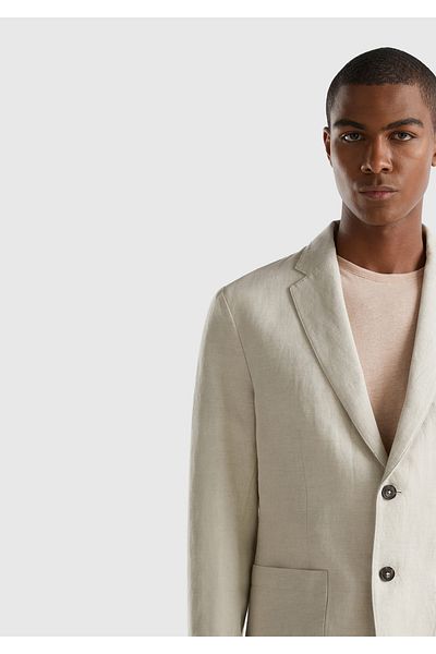 United Colors of Benetton Men's Beige Linen Blended Ribbed Pocket Detailed Double Button Blazer Jacket