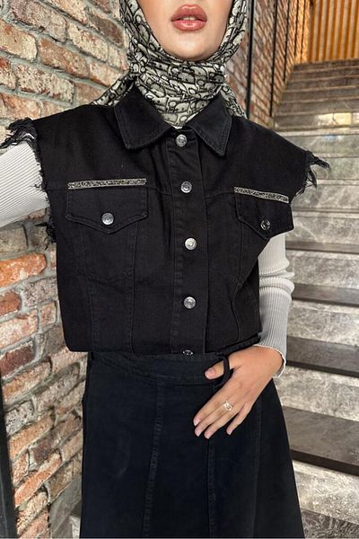 Oven Black Denim Vest - Stone DeTailed