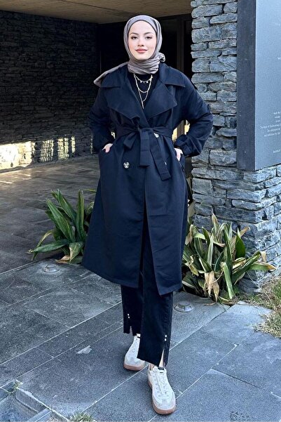 Oven Kol Kemerli Trençkot - Siyah