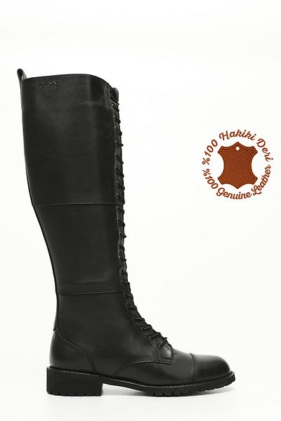 GÖNDERİ(R) Women/Girls Black Zippered Rubber Sole Genuine Leather Boots
