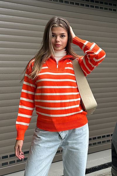 la & vetta Orange Striped Zippered Knitwear Sweater