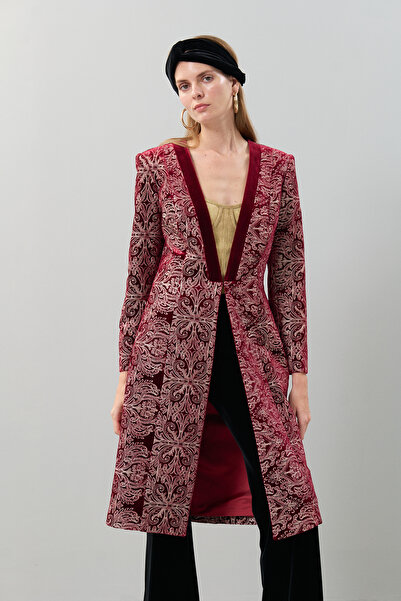 Roman İşlemeli Kadife Kaftan Bordo K2511903_008