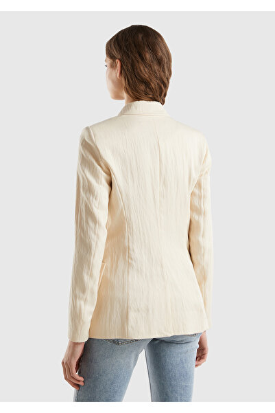 United Colors of Benetton Γυναικείο μπουφάν διπλό μπλέιζερ σε μπεζ λιωσό και παχύρρευστο με τσέπες