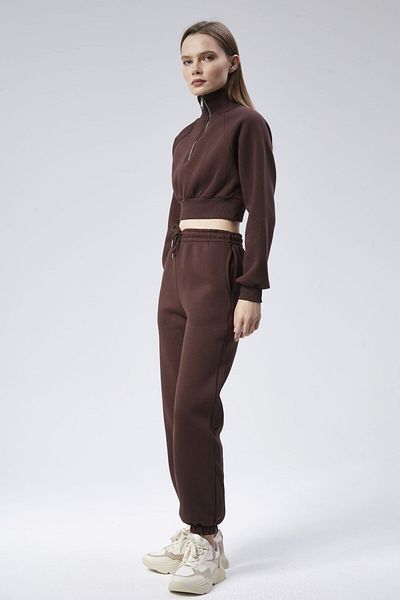 soBasic Stand Collar Zipper Detailed Elastic Leg Demi Tracksuit Set - Brown
