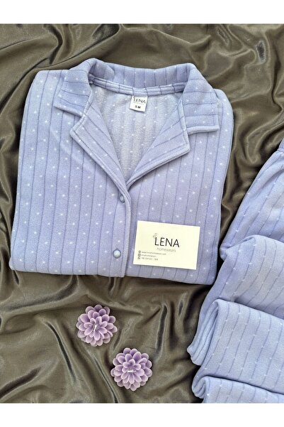 Lena Homewears Set de pijamale din lână cu nasturi cu model de buline albastru deschis