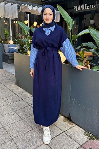 Oven Poplin Detaylı Triko Elbise - Lacivert