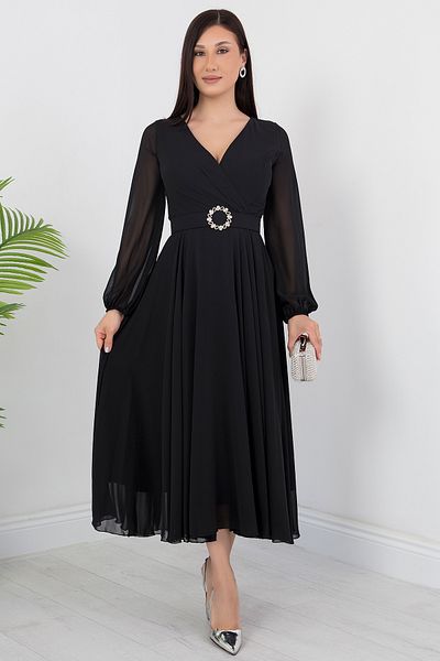 PULLIMM Rochie din șifon cu mânecă lungă cu guler dublu DNS1641