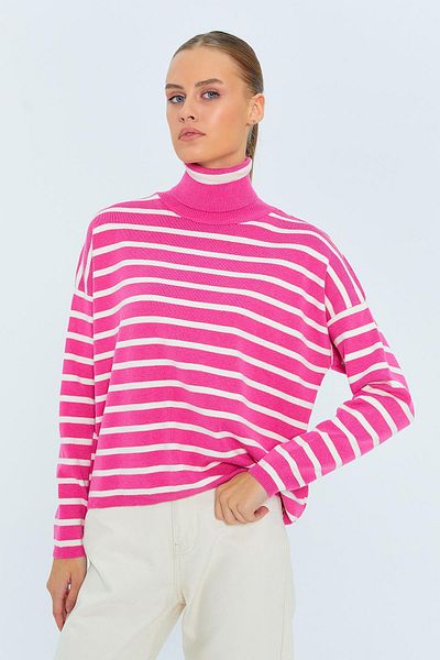 Mixray Fuchsia 6802 Women's Striped Turtleneck Knitwear Sweater