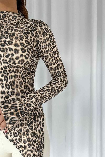 Mine Tan Butik Μπεζ λεοπάρ μπλούζα με λαιμόκοψη με κορδόνι