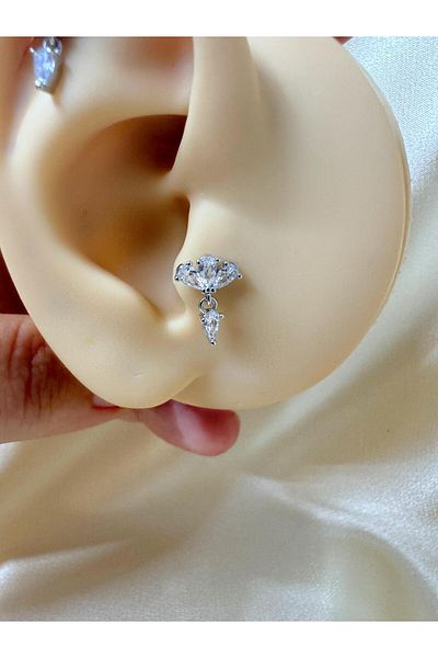 Arescollection 1 Piece Zircon Stone Back Plain Front Attached Tragus Helix Earlobe Compatible Piercing Earring