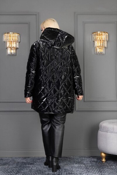 Butik Nilyam Women's Plus Size Lined Hooded Shiny Black Coat 24648