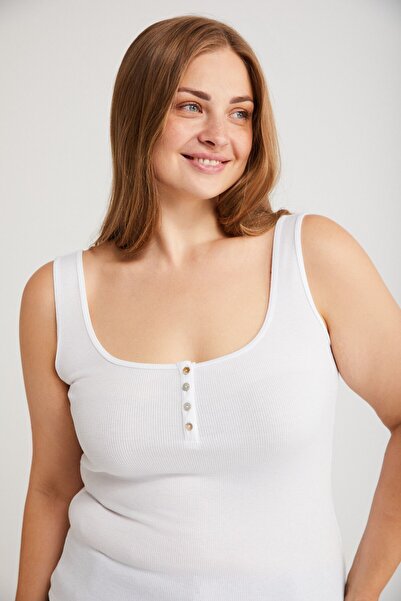 ETHIQUET Aleydıs Women's Slim Fit Narrow Fit Button Detailed Hollow Collar Knitted White Large Size Undershirt