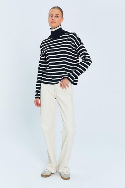 Mixray 6802 Model Black Striped Turtleneck Sweater