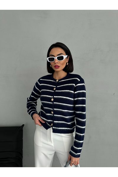 LOISY Women's Gold Buttoned Striped Soft Knitwear Cardigan