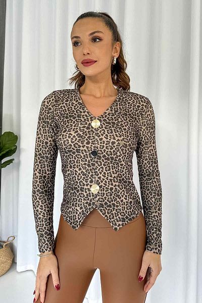 Mine Tan Butik Блуза с леопардово деколте с V-образно деколте и златни копчета - Кафява