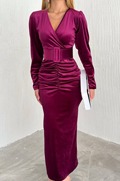 Neşeli Butik rochie lungă din catifea cu detaliu curea mov pentru femei NBK2196