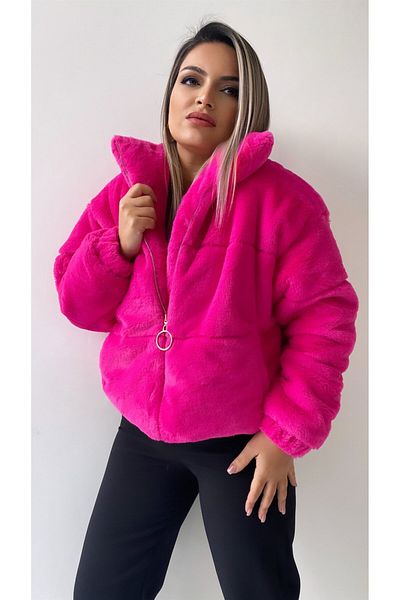 SEDA FİDAN Palton scurt de pluș cu fermoar auriu fucsia