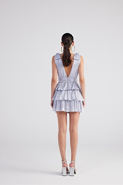 HOLLY LOLLY Modré mini oslnivé šaty - lesklá látka, detaily stuhy a volány