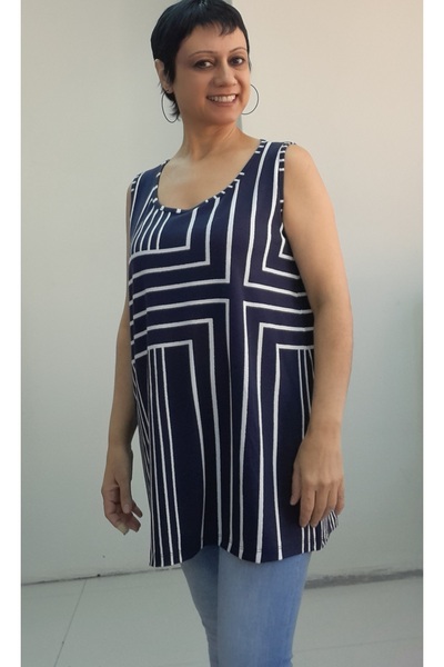 Mertcan Butik Thick Strap Viscose T-Shirt with Dark Blue Print