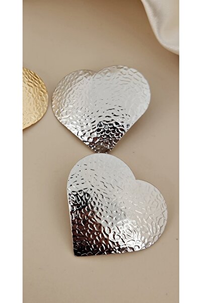 mos&more Gümüş Renk Kalp Tasarım Büyük Kadın Küpe